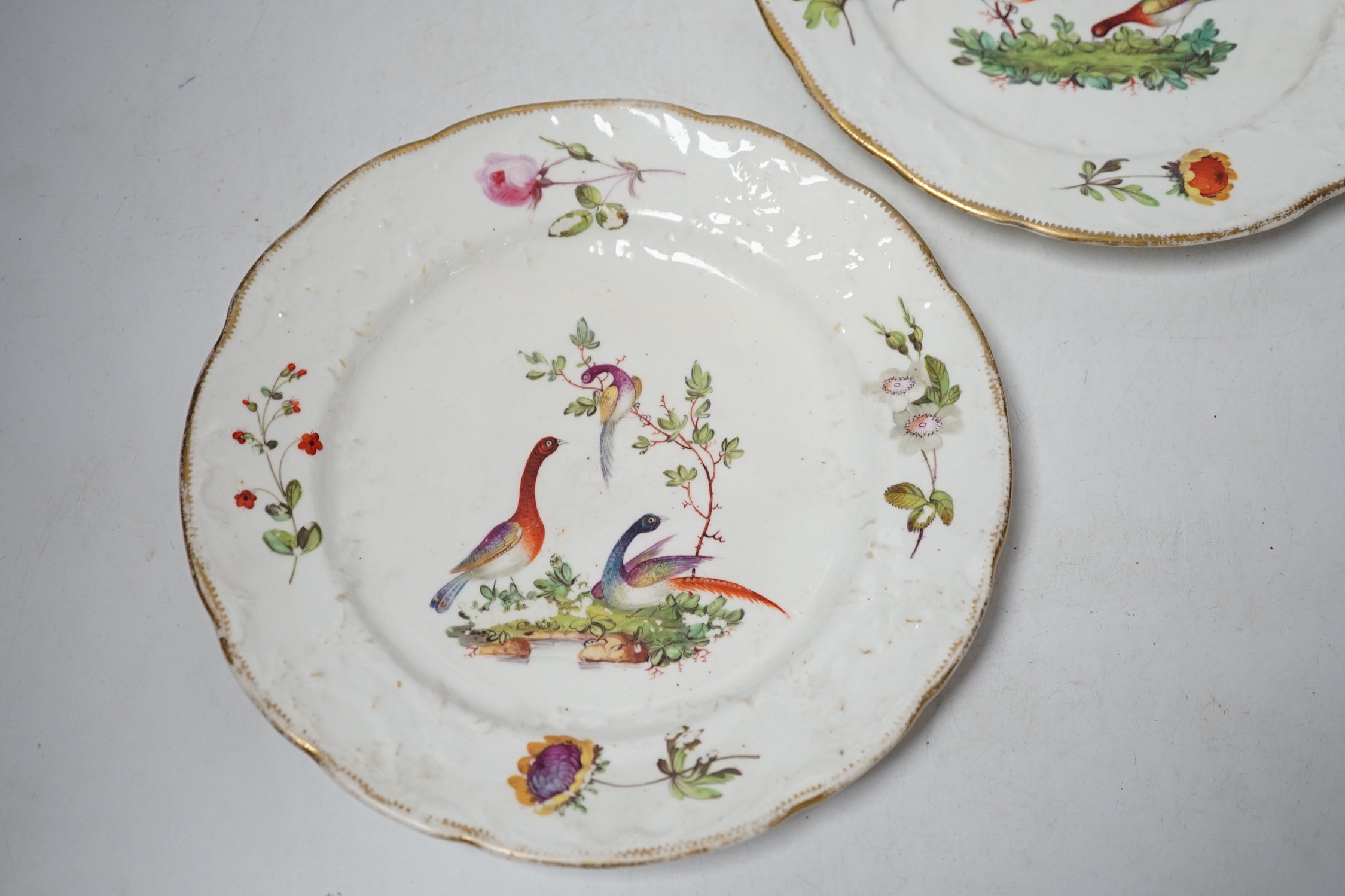 A pair of Nantgarw porcelain plates, hand painted with birds and flowers, 22cm in diameter